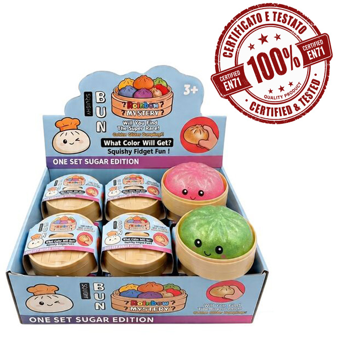 SQUISHY Ravioli (Dumpling) 8,5cm Super Glitter TPR+GEL in display da 12pz 4ass…x12…x48
